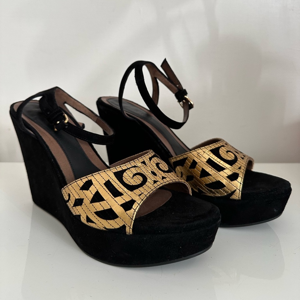 Marni Platform Wedge suede colorblock pattern Sandals Gold Black Size 40/US 10